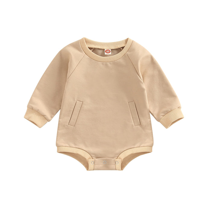Baby Girl Boy Fall Bodysuit Solid Color Crew Neck Long Sleeve Bubble Romper Sweatshirt Jumpsuit