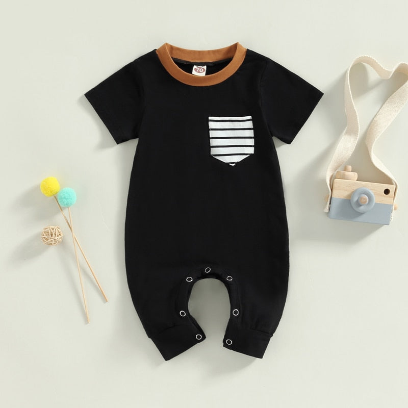 Infant Baby Boys Jumpsuit Crew Neck Color Block Short Sleeve Striped Pocket Romper