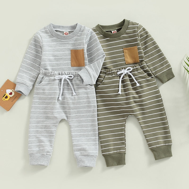 Baby Boys Clothing Set Striped Print Pocket Long Sleeve T-shirt and Elastic Waist Drawstring Long Pants Outfit