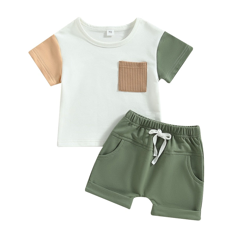 Toddler Baby Boy 2Pcs Summer Outfits Short Sleeve Color Block T-Shirt Pocket Shorts Set