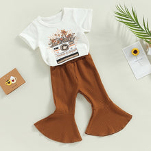 Load image into Gallery viewer, Toddler Girls Vintage Polaroid Outfit Sets White Short Sleeve Flower Print T-shirt and Ribbed Flared Pants
