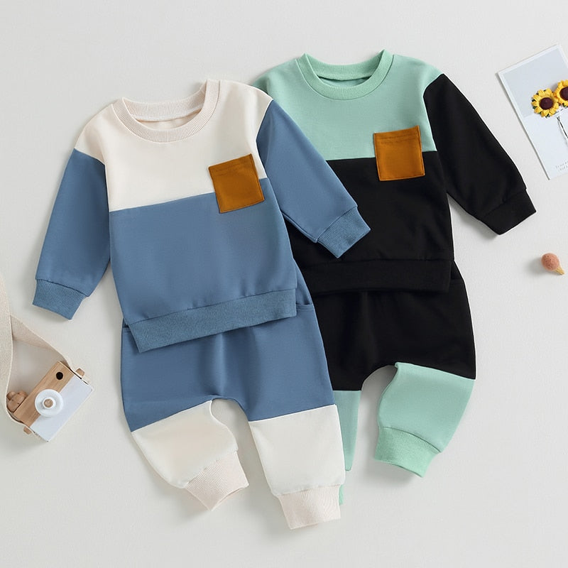 2pcs Baby Boy/Girl Color Block Lapel Long-sleeve Pullover and Track Pants Set