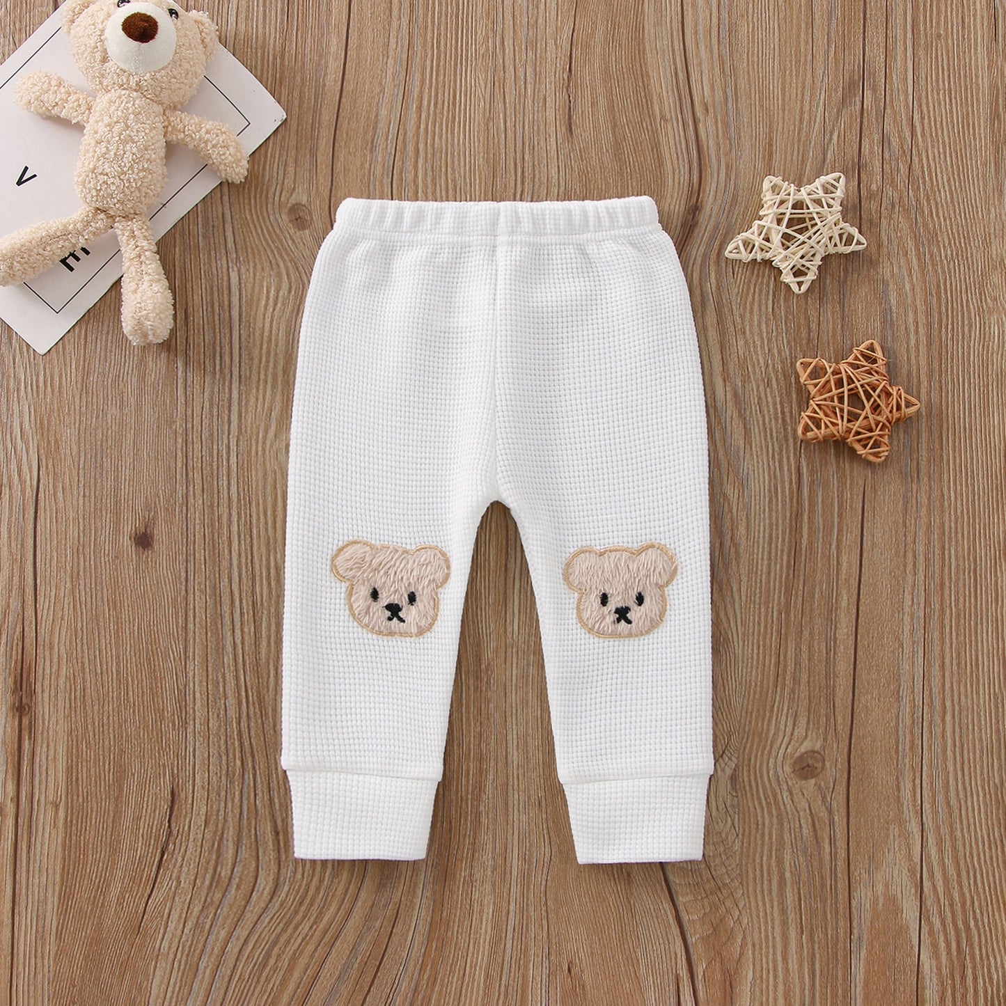 Baby Girls Boys Bear Waffle Knit Pants