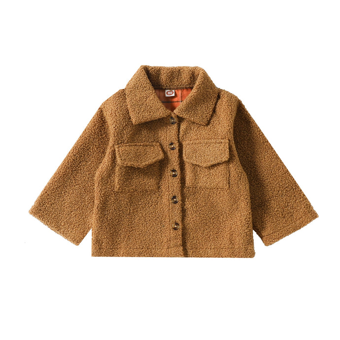 Baby Toddler Kids Boys Girl Fuzzy Jacket Long Sleeve Fur Plaid Lining Long Sleeve Double Chest Pockets Double-sided Coat