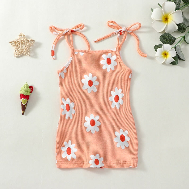 Toddler Kids Baby Girl Waffle Summer Dress Tank Top Tie Shoulder Floral Print Beach Dress