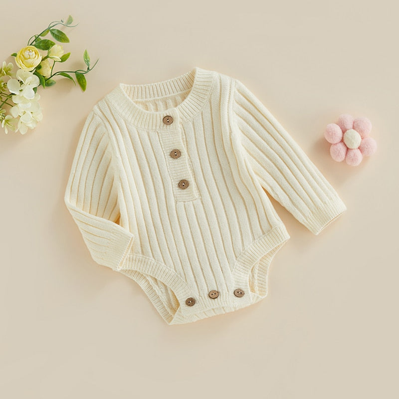 Infant Baby Girl Boy Knit Bodysuit Long Sleeve Crew Neck Solid Color Fall Winter Jumpsuit Romper