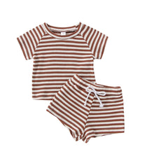 Load image into Gallery viewer, Infant Baby Boy Girl 2Pcs Outfit Short Sleeve Striped Shirt  Waffle Knit Top and Shorts
