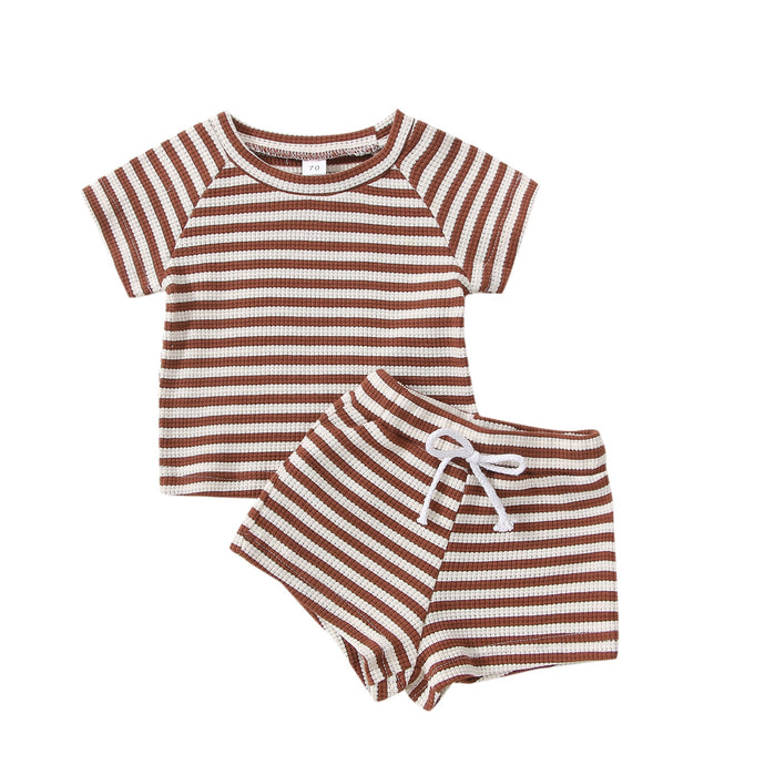 Infant Baby Boy Girl 2Pcs Outfit Short Sleeve Striped Shirt  Waffle Knit Top and Shorts