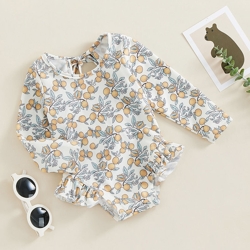 Kids Girl Swimsuits Floral Print Long Sleeve Ruffles Jumpsuit Swimwear Beachwear Bathing Suits