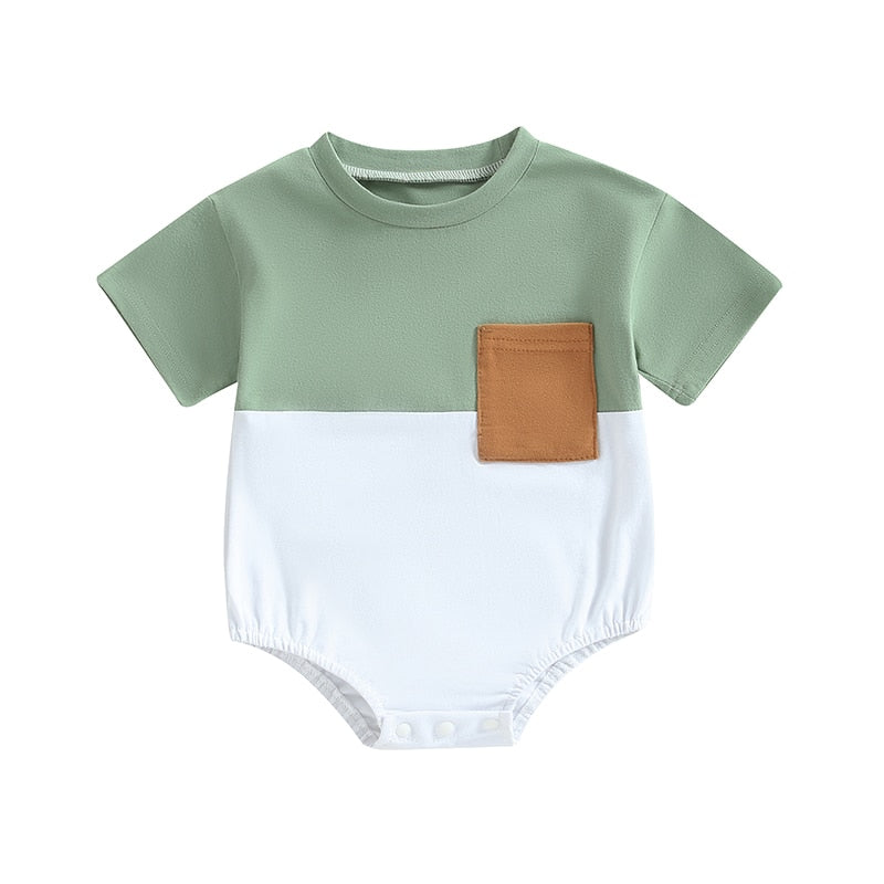 Infant Baby Boys Girls Casual Bodysuit Color Block Short Sleeve Crew Neck Pocket Jumpsuits Bubble Romper