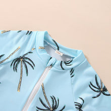 Load image into Gallery viewer, Toddler Girls Boys Summer Romper Swimwear Blue Short Sleeve Tropical Palm Tree Print Zipper Romper
