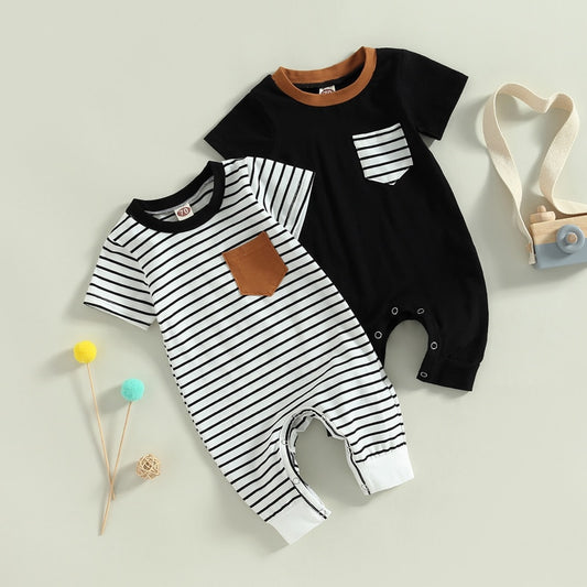 Infant Baby Boys Jumpsuit Crew Neck Color Block Short Sleeve Striped Pocket Romper