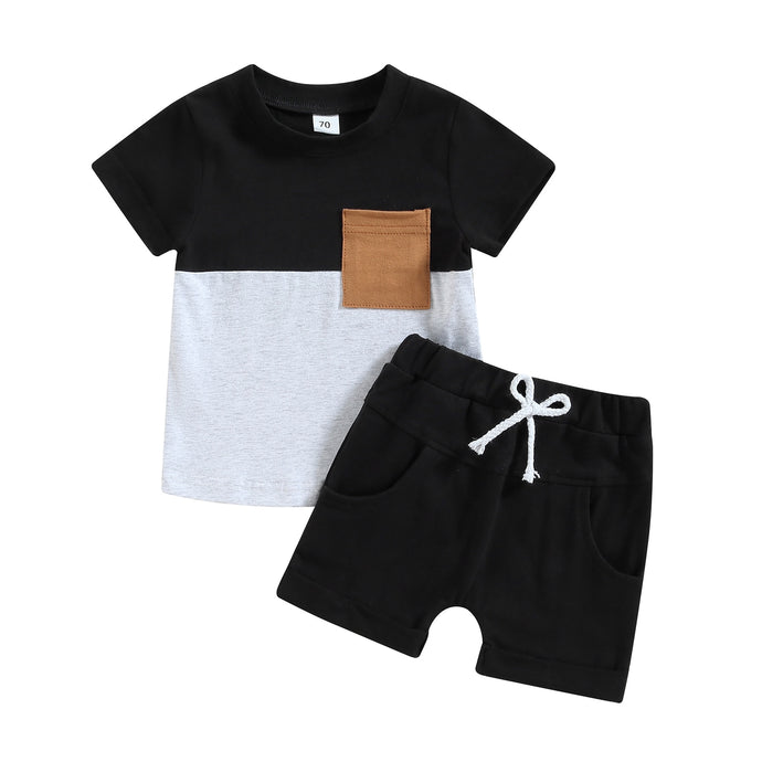 Baby Toddler Boys 2Pcs Outfit Set Short Sleeve Pocket Contrast Color Tee Solid Drawstring Shorts