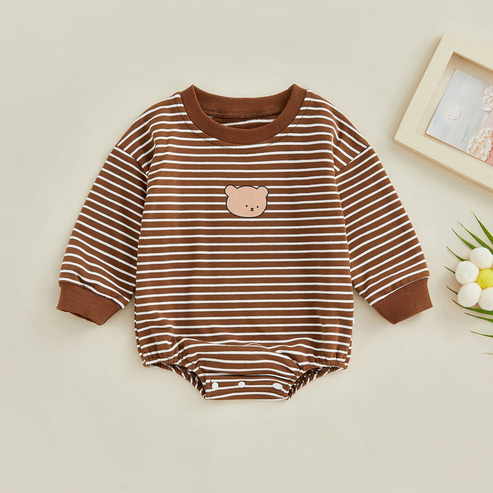 Infant Baby Boy Girl Casual Bodysuit Long Sleeve Striped Bear Printed Jumpsuit Bubble Romper