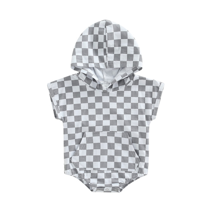 Checkered Baby Boy Girl Toddler Short Sleeve Hooded Plaid Romper