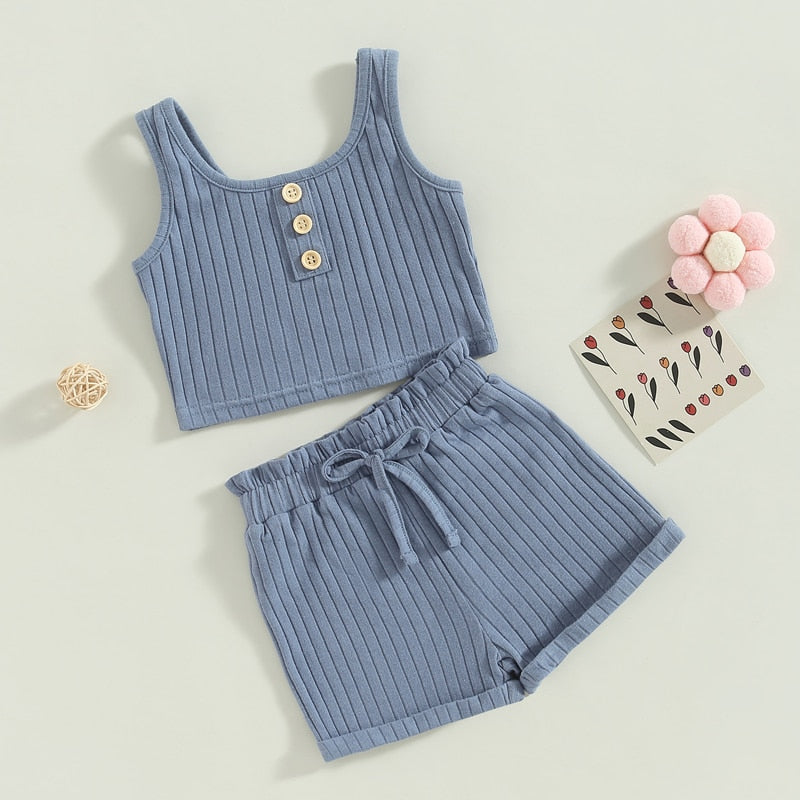 Baby Toddler Girls 2Pcs Summer Outfit Solid Button Tank Top and Ribbed Drawstring Shorts