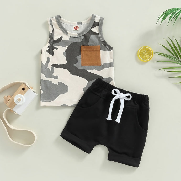 Toddler Baby Boys 2Pcs Summer Outfit Tank Top Camouflage Shirt Black Drawstring Shorts Set