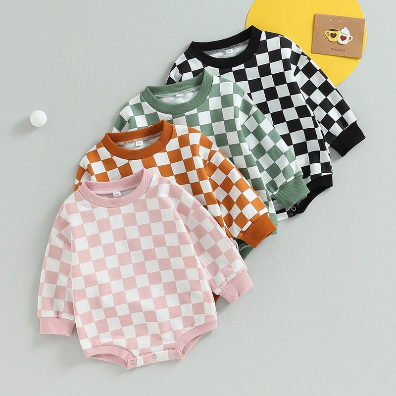 Baby Boy Girl Fall Sweatshirt Bodysuit Checkerboard Print Long Sleeve Jumpsuit Romper