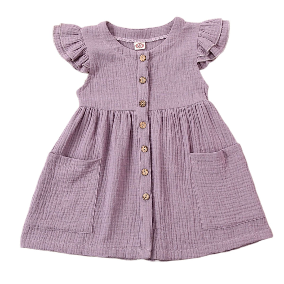 Toddler Kid Baby Girl Summer Dress Ruffles Sleeves Cotton Button Pocket Dress Sundress