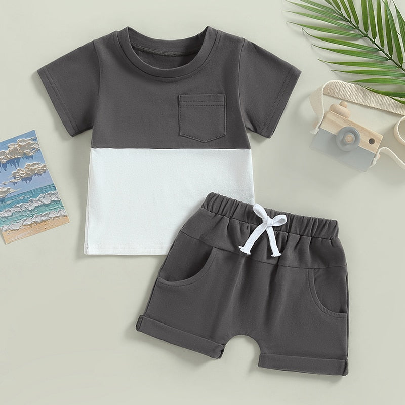 Toddler Baby Boys 2Pcs Outfit Short Sleeve Pocket Color Block T-shirt with Elastic Waist Shorts