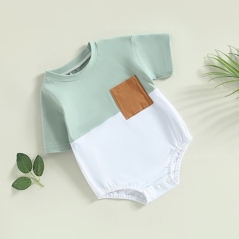 Infant Baby Boys Girls Casual Bodysuit Color Block Short Sleeve Crew Neck Pocket Jumpsuits Bubble Romper