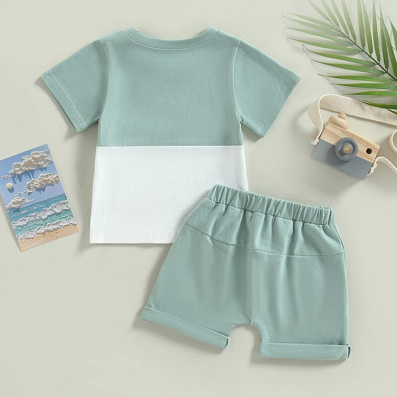 Toddler Baby Boys 2Pcs Outfit Short Sleeve Pocket Color Block T-shirt with Elastic Waist Shorts