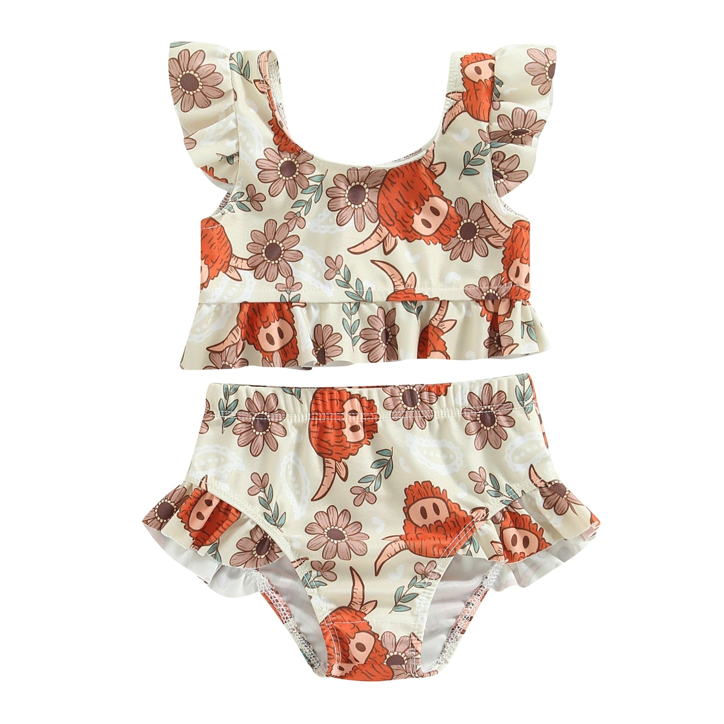 Toddler Baby Girl 2Pcs Bikini Set Flower Bison Print Flutter Sleeve Bathing Swimsuit