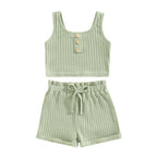 Baby Toddler Girls 2Pcs Summer Outfit Solid Button Tank Top and Ribbed Drawstring Shorts
