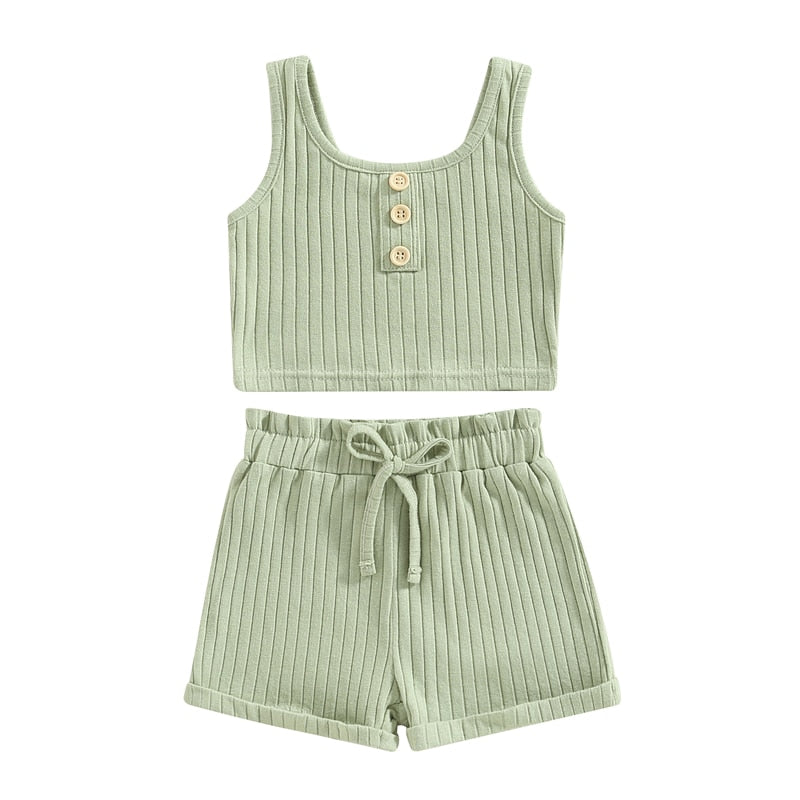 Baby Toddler Girls 2Pcs Summer Outfit Solid Button Tank Top and Ribbed Drawstring Shorts