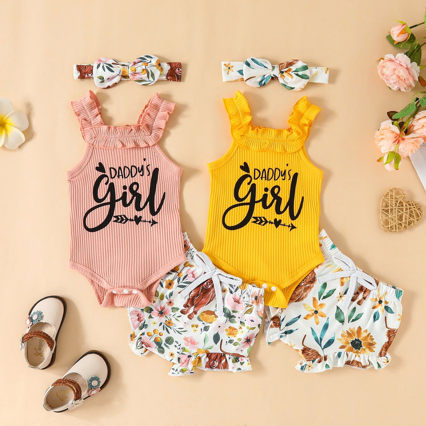 Infant Baby Girl 3Pcs Outfits Tank Top Daddys Little Girl Romper Cow Floral Print Shorts and Headband