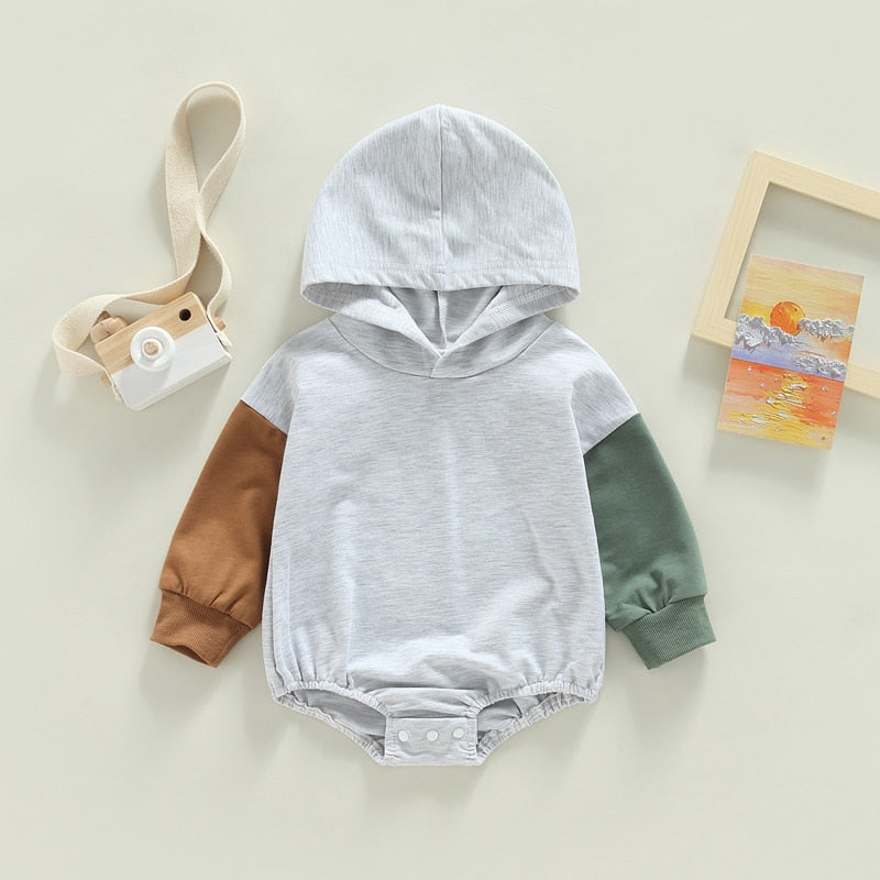 Infant Baby Boys Girls Bodysuit Long Sleeve Hooded Color Block Bodysuit Bubble Romper