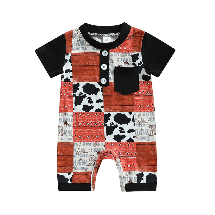 Infant Baby Boys Jumpsuit Short Sleeve Crew Neck Cattle Bandana Print Button Romper