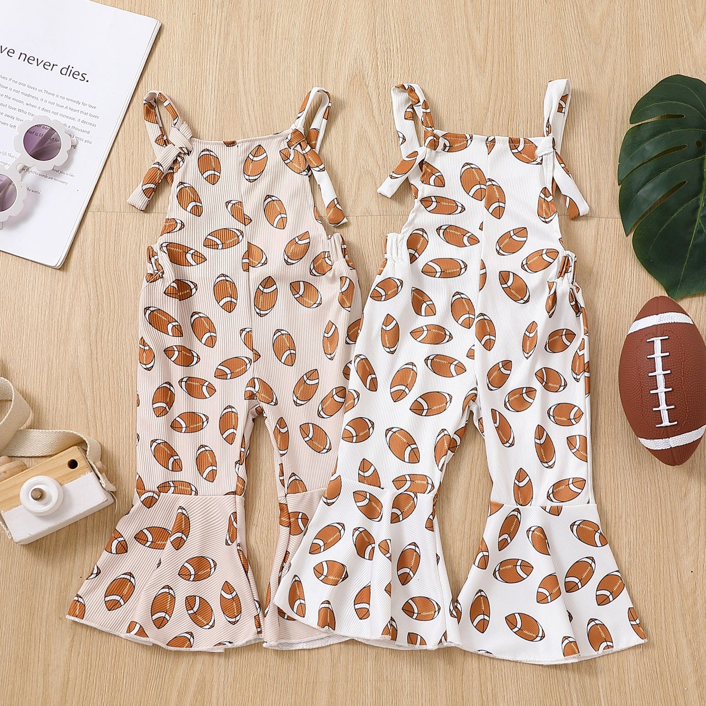 Baby Toddler Girl Jumpsuit Football Print Romper Bell Bottom Tank Romper