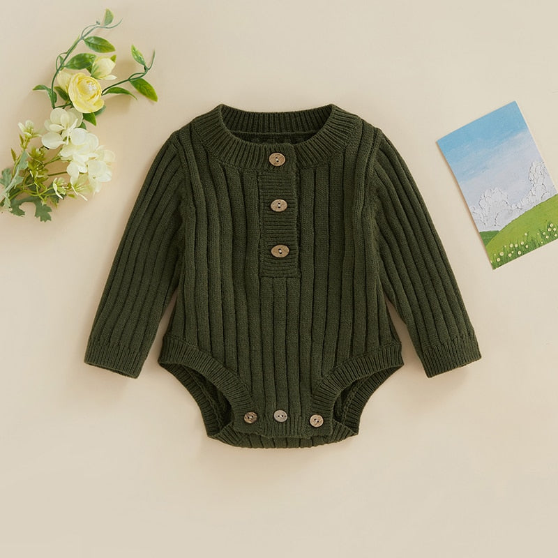 Infant Baby Girl Boy Knit Bodysuit Long Sleeve Crew Neck Solid Color Fall Winter Jumpsuit Romper