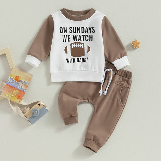 Baby Toddler Boys Girls 2Pcs Fall Outfits Football and On Sundays We Watch Football With Daddy Print Long Sleeve Top Long Pants