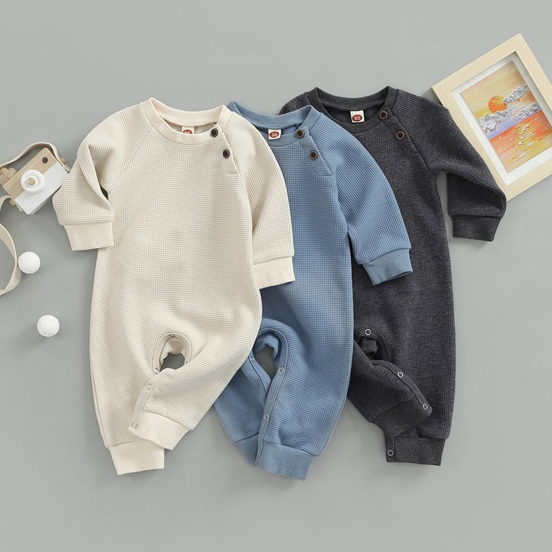 Infant Baby Boy Girl Jumpsuit Solid Color Waffle Long Sleeve Round Nec ...