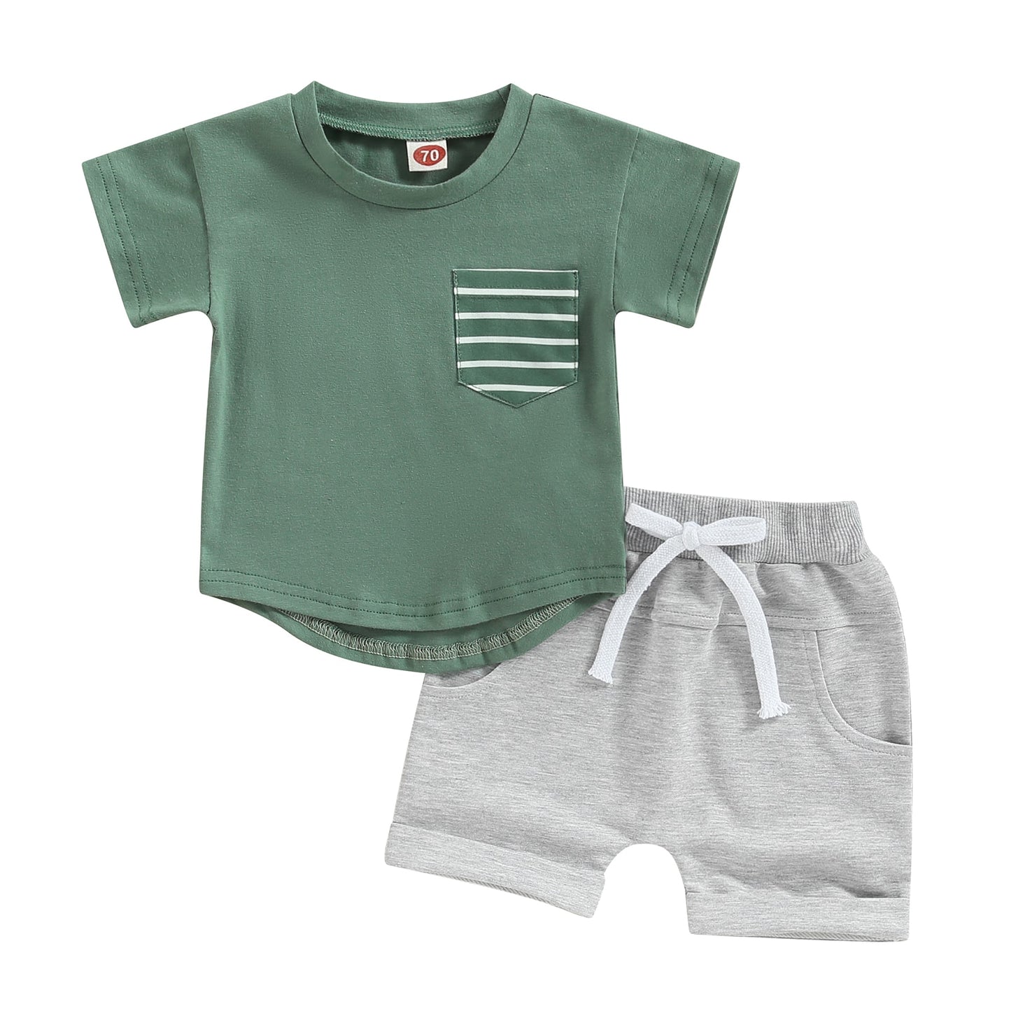 Toddler Baby Boys 2Pcs Shorts Outfit Short Sleeve Crew Neck Stripes Pocket T-shirt with Elastic Waist Shorts