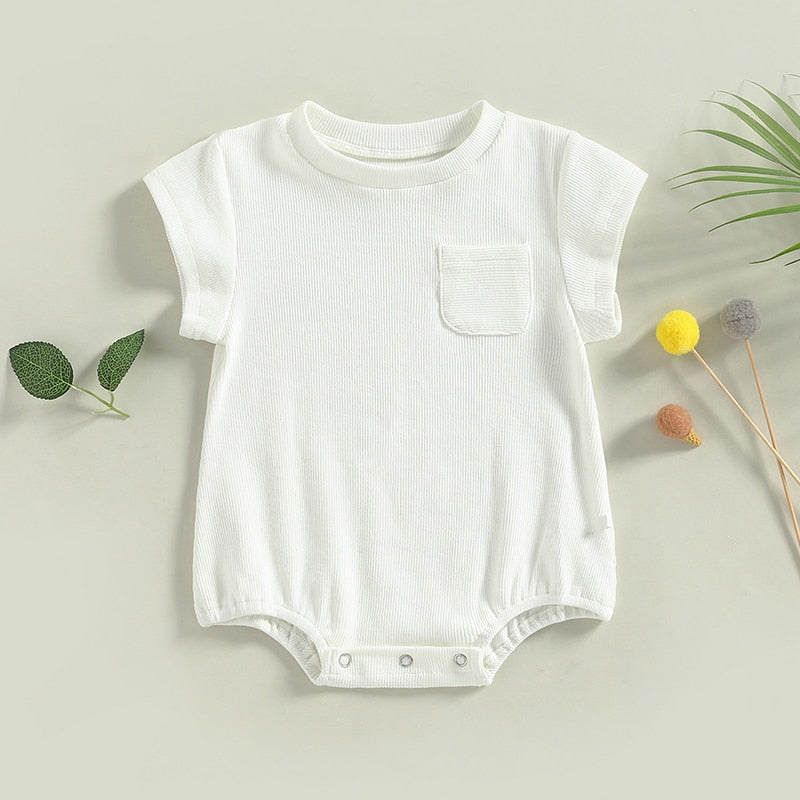 Baby Boy Girl Summer Bodysuit Casual Ribbed Tshirt Short Sleeve Round Neck Solid Bubble Romper