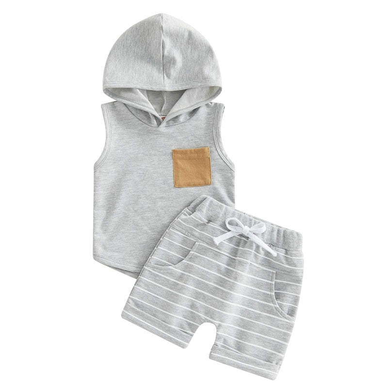 Baby Toddler Boys Summer 2PCS Outfit Hoodie Tank Top Striped Drawstring Shorts