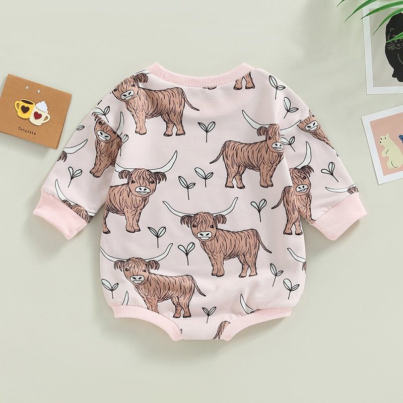 Baby Boy Girl Bodysuit Long Sleeve Crew Neck Bison Highland Cow Bull Print Bubble Romper