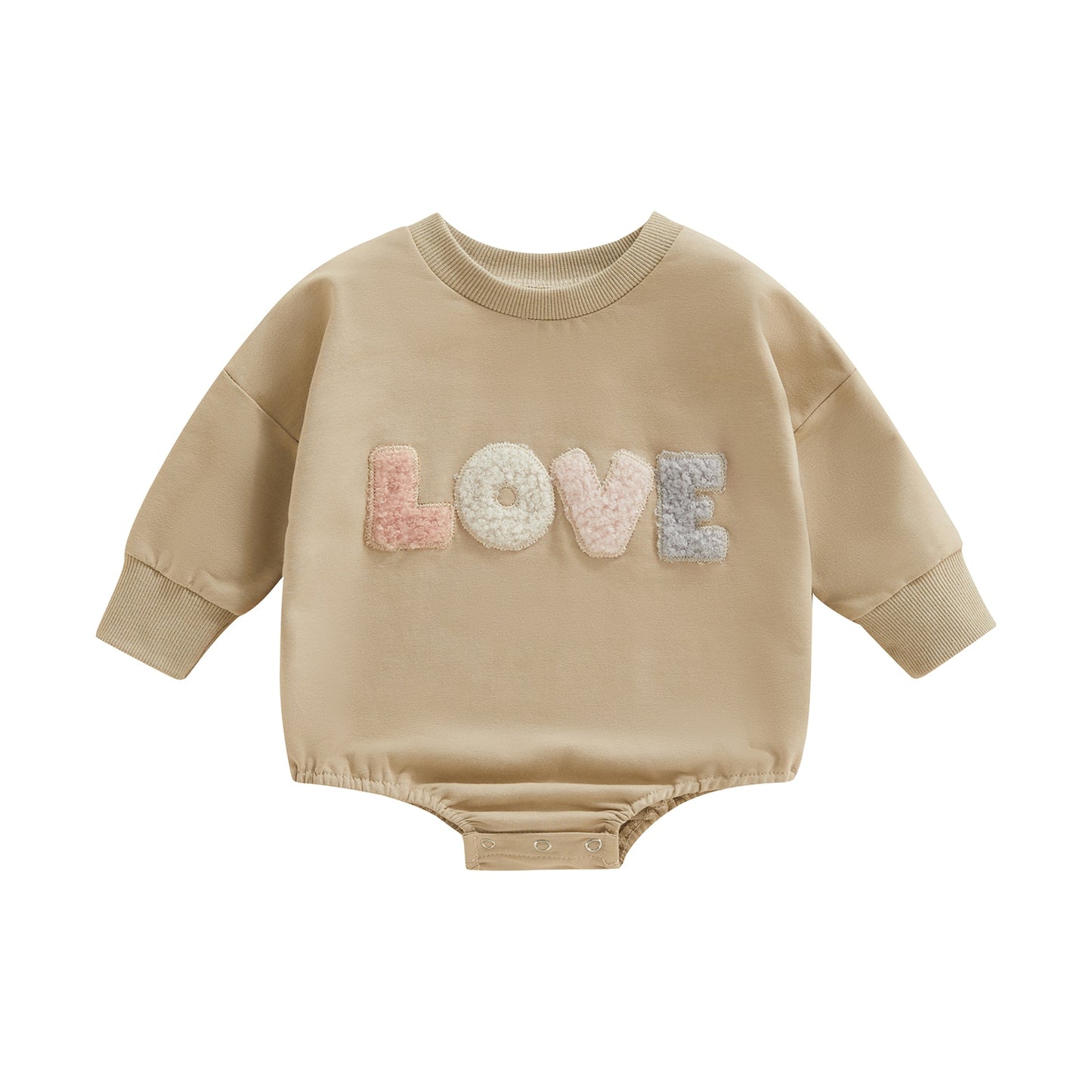 Infant Baby Girl Fall Bodysuit Fuzzy Letter Love Printed Long Sleeve Round Neck Bodysuit Bubble Romper