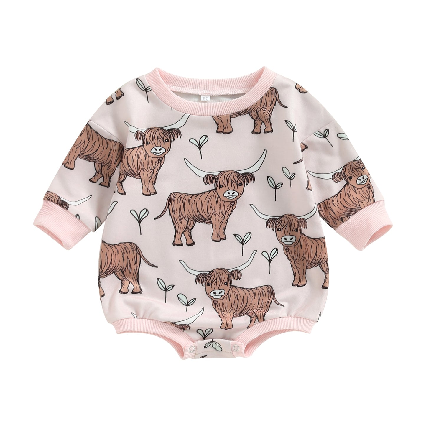 Baby Boy Girl Bodysuit Long Sleeve Crew Neck Bison Highland Cow Bull Print Bubble Romper