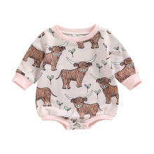 Load image into Gallery viewer, Baby Boy Girl Bodysuit Long Sleeve Crew Neck Bison Highland Cow Bull Print Bubble Romper
