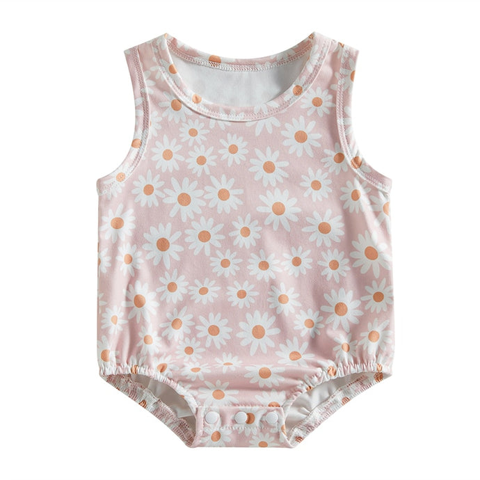 Infant Kid Girl Daisy Bodysuit Tank Crew Neck Floral Print Summer Short Jumpsuit Bubble Romper