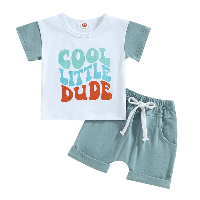 Baby Boys 2Pcs Summer Short Sleeve Cool Little Dude Print T-shirt with Elastic Waist Shorts Outfit