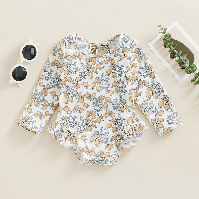 Kids Girl Swimsuits Floral Print Long Sleeve Ruffles Jumpsuit Swimwear Beachwear Bathing Suits