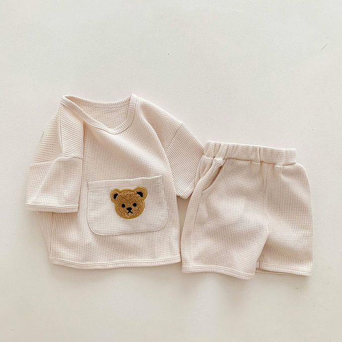 Baby Toddler Boy Girl Waffle Bear Pocket Tee and Shorts 2 Pcs Outfit