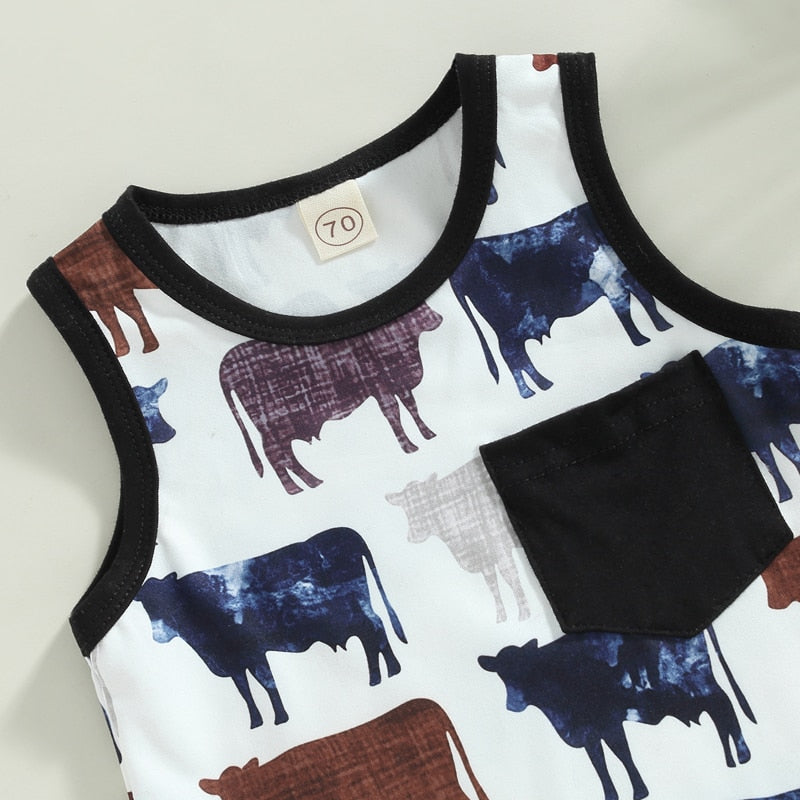 Infant Baby Boy Western Romper Clothes Tank Top Round Neck Cow Print Jumpsuit Playsuit