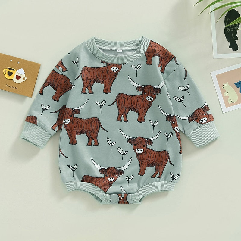 Baby Boy Girl Bodysuit Long Sleeve Crew Neck Bison Highland Cow Bull Print Bubble Romper