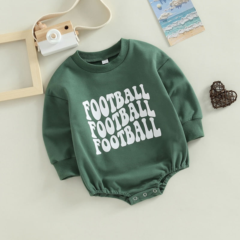 Infant Baby Boys Girls  Bodysuit Long Sleeve Crew Neck Game Day Baby Football Print Jumpsuit Bubble Romper